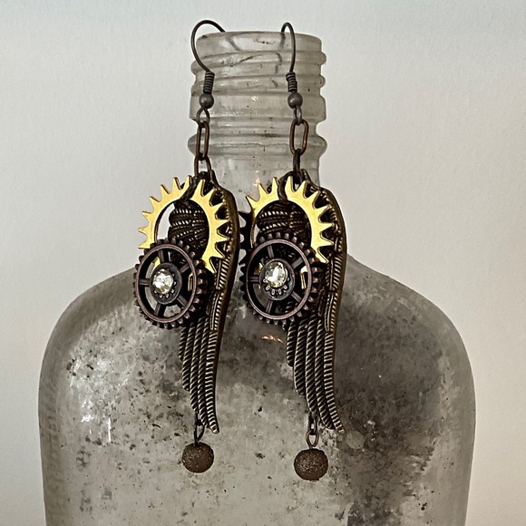 Steampunk Earrings. Angel Wings with Mechanical Gears Charms. One of a Kind - Picture 6 of 6